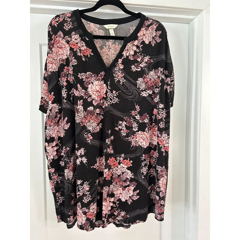 Soma Cool Nights Intimates Womens XL Black Pink Floral Short Sleeve Sleep‎ Shirt